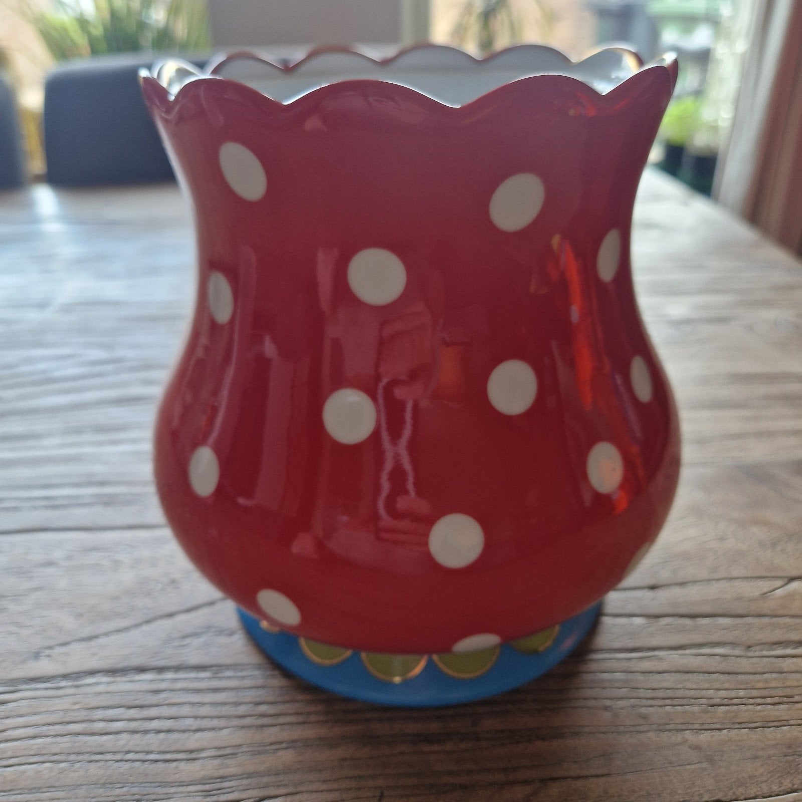 Oilily Douwe Egberts koekjespot / vaasje (polkadot), Gebruikt, Aardewerk of Porselein, Ophalen of Verzenden, Minder dan 50 cm