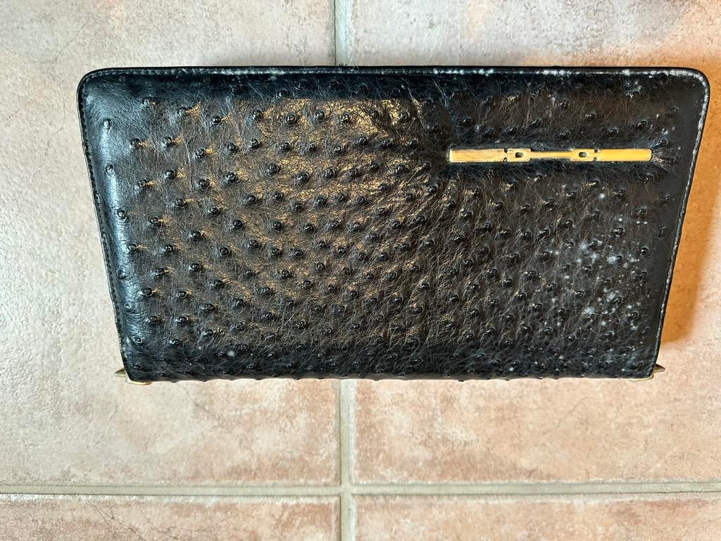 Vintage Zwarte Struisvogel Clutch Tas Corbeau, Sieraden, Tassen en Uiterlijk, Ophalen of Verzenden, Gebruikt, Zwart, Avondtasje
