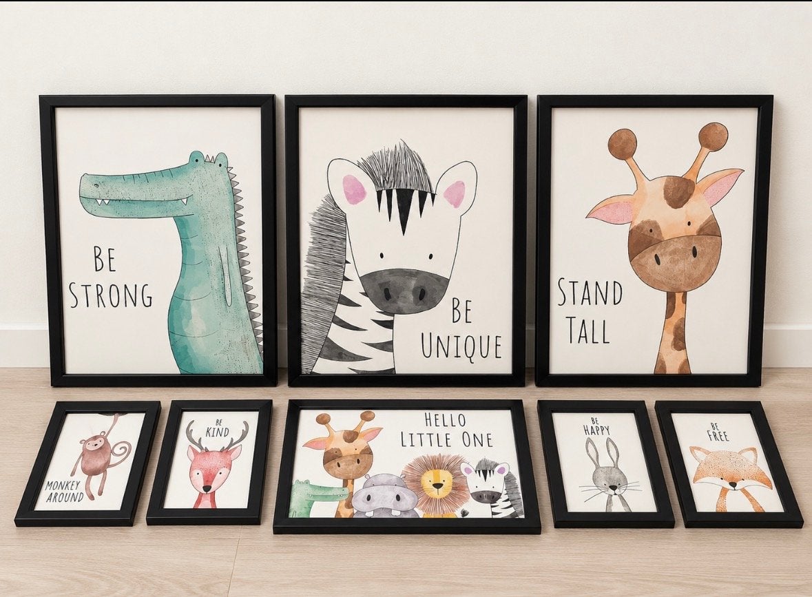 8 Schilderijtjes met dierenprints voor kinderkamer, Minder dan 50 cm, Ophalen of Verzenden, Zo goed als nieuw, Schilderij