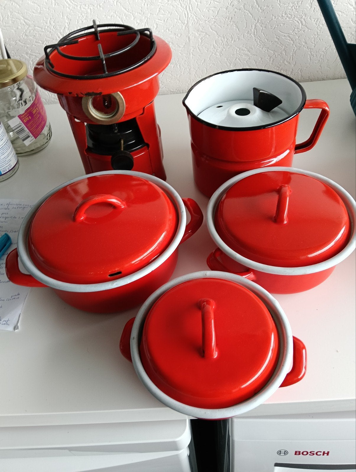 Vintage rode emaille kookset met petroleumbrander, Antiek en Kunst, Ophalen of Verzenden