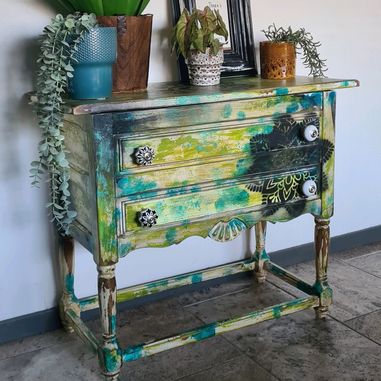 Spaans ladenkastje vintage bohostyle groen zwart wit, Ophalen, 50 tot 100 cm, Zo goed als nieuw, 3 of 4 laden