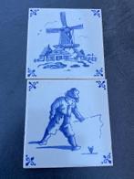2 Antieke Delfts Blauwe Tegeltjes - Molen en Visser, Ophalen of Verzenden