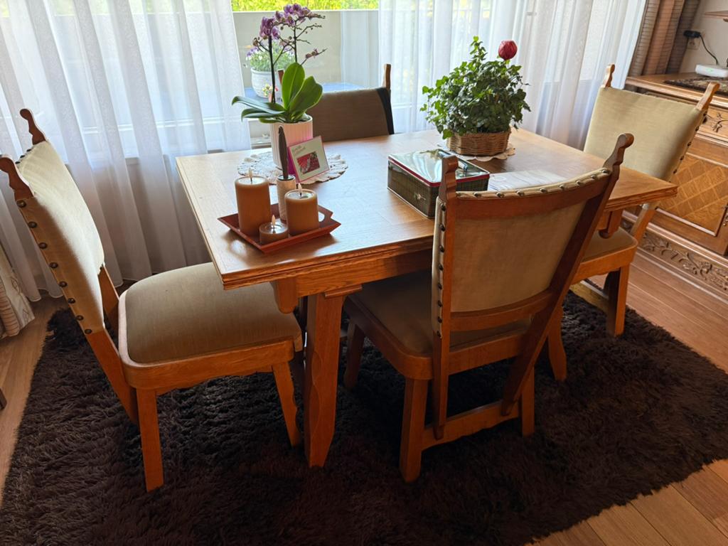 Houten eettafel met 4 stoelen, Huis en Inrichting, Tafels | Eettafels, Gebruikt, 50 tot 100 cm, Vier personen, Vierkant, Overige houtsoorten