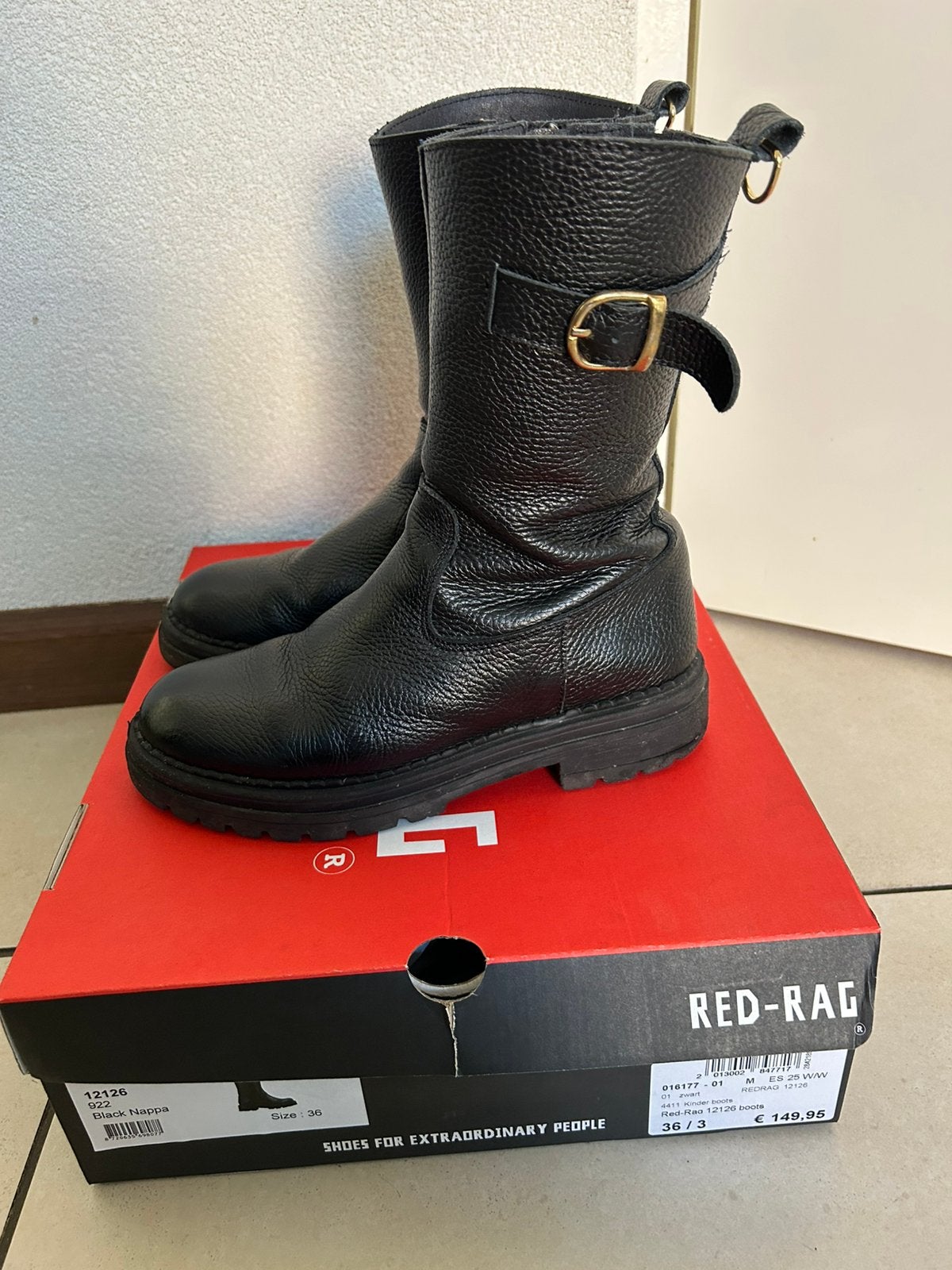 Zwart leder red rag merk laarzen maat 36, Ophalen of Verzenden, Zo goed als nieuw, Meisje, Laarzen