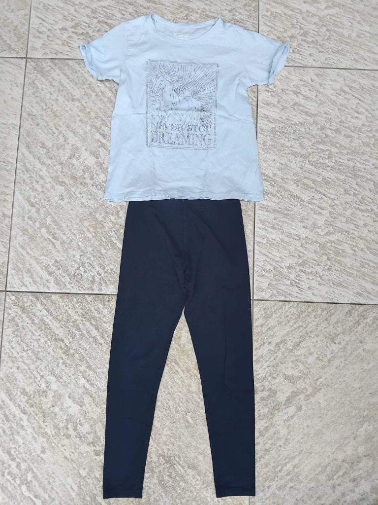 Setje blauw T-shirt + legging maat 140, Ophalen of Verzenden, Zo goed als nieuw, Meisje, Setje