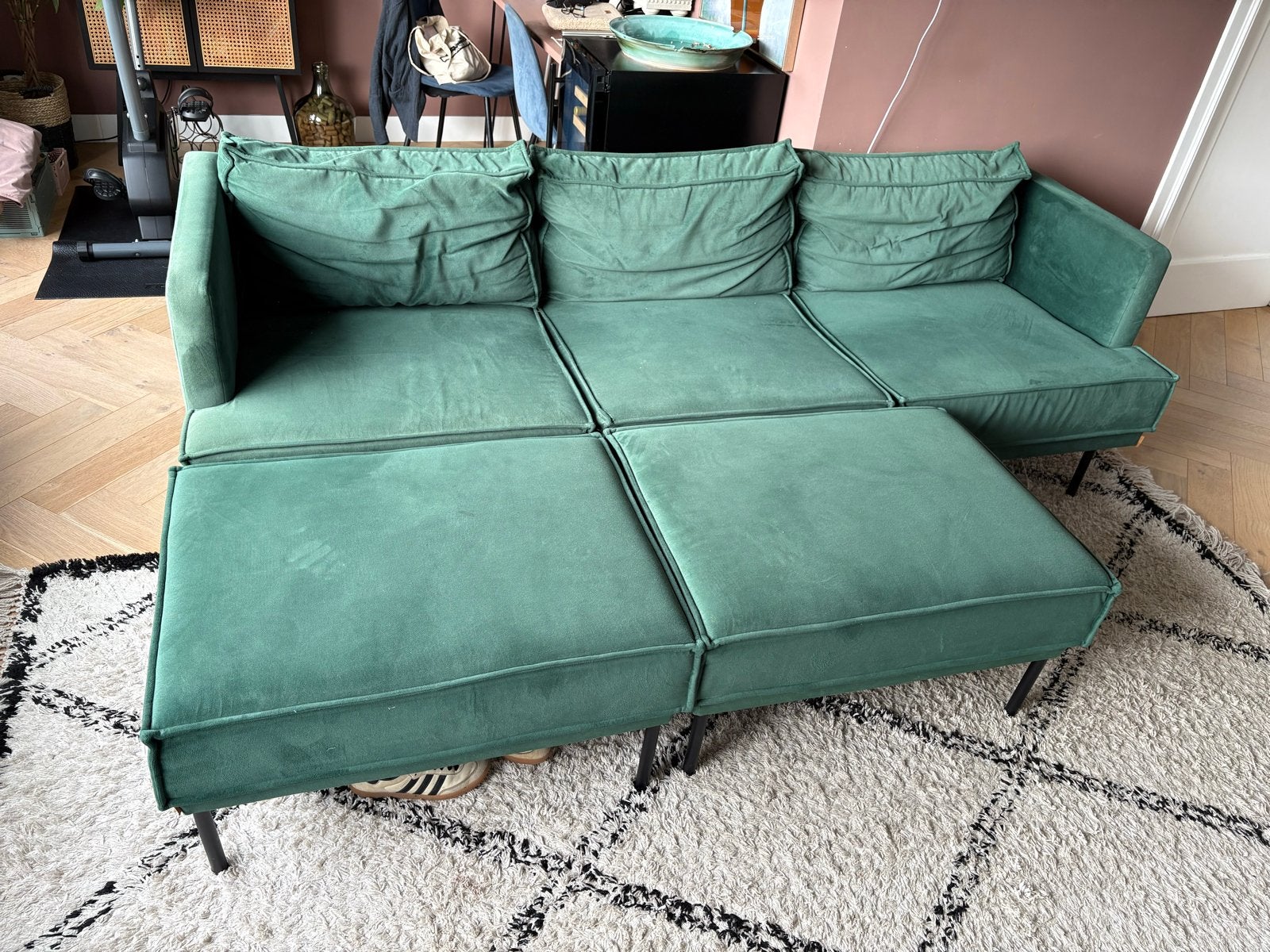 Groene fluwelen hoekbank met 2x hocker van Sissy Boy, Ophalen, Gebruikt, Hoekbank, 75 tot 100 cm