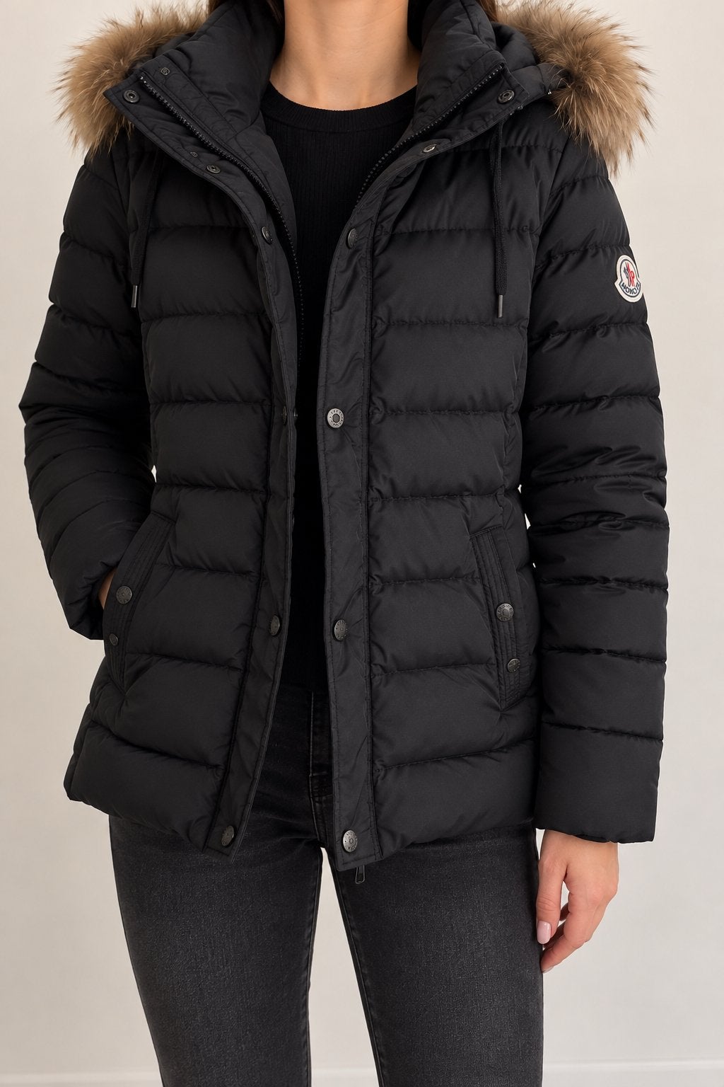 Moncler origineel winterjas maat 1 met afneembare bontkraag, Ophalen of Verzenden, Gedragen, Maat 36 (S), Zwart