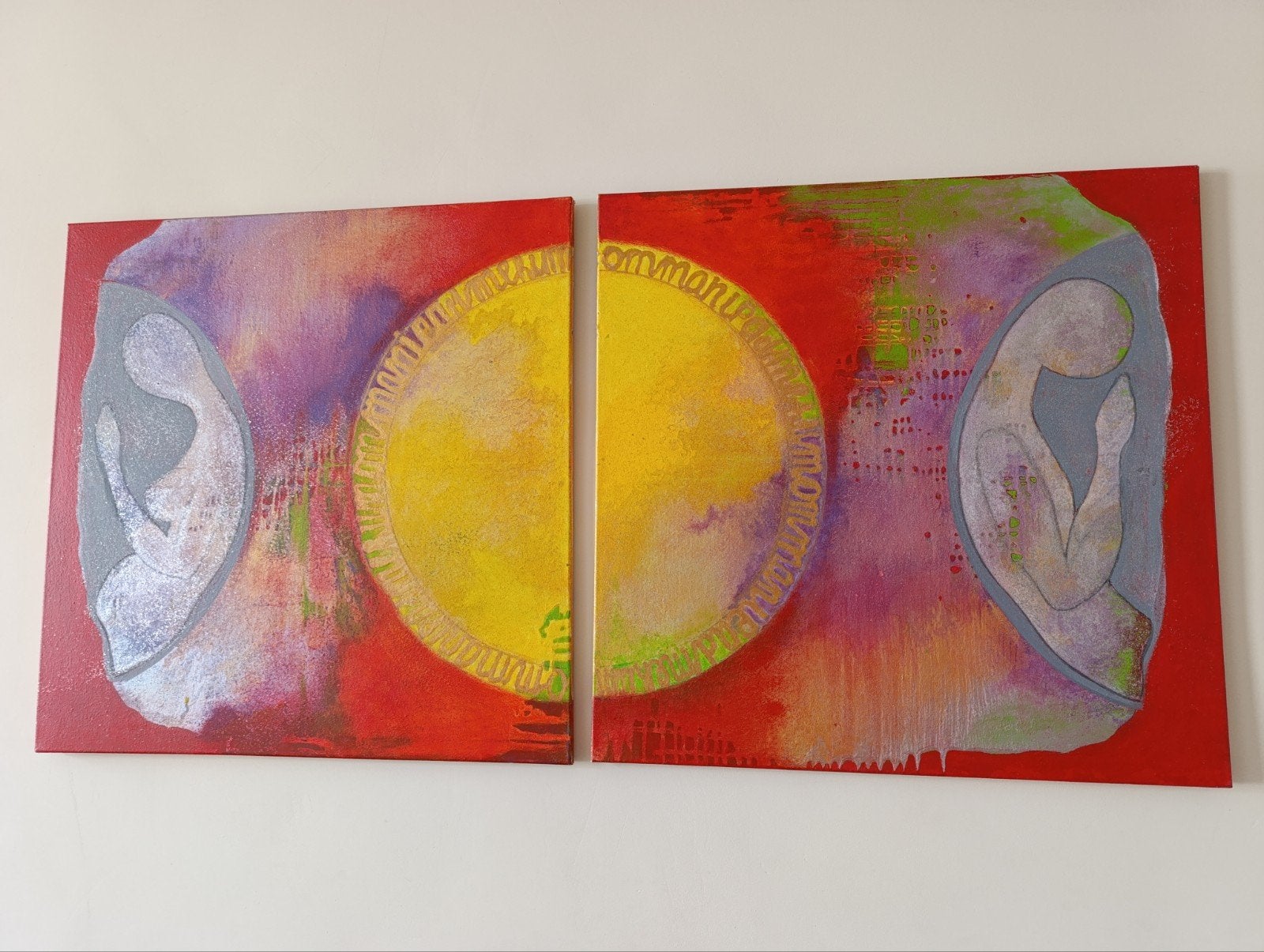 A painting on canvas, in two parts, each 80 x 80 cm, Ophalen, Abstract