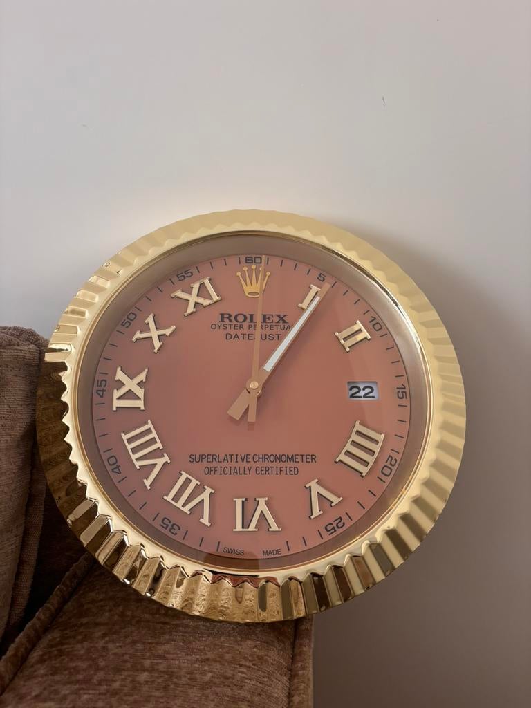 Rolex Wandklok Goud met Champagne dial& Roman Cijfers, Ophalen of Verzenden, Zo goed als nieuw, Wandklok