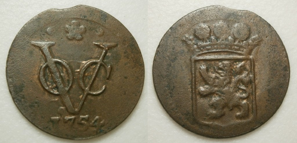 Holland VOC Duit 1754 - R vz op kz, kz op vz, Postzegels en Munten, Munten | Nederland, Ophalen of Verzenden, Vóór koninkrijk