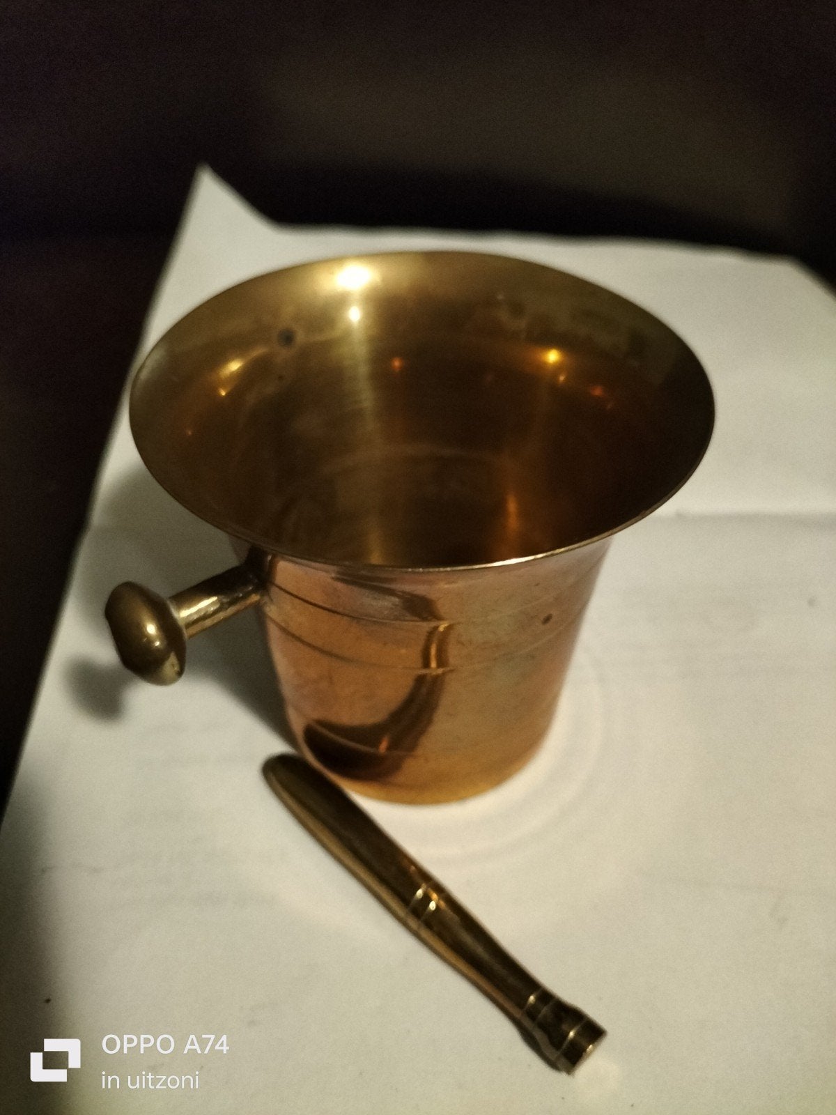 Oud koperen/messing vijzeltje met stamper, Ophalen of Verzenden