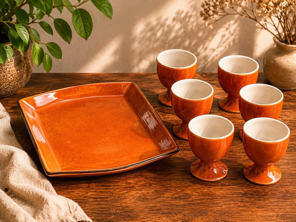 Vintage Jaren 70 Eierdopjes Set met Oranje Schaal, Ophalen of Verzenden, Zo goed als nieuw, Keramiek, Overige typen