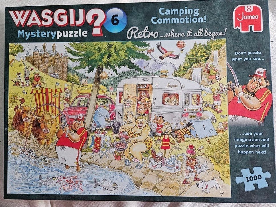Wasgij Retro 6: Camping Commotion! 1000 stukjes, compleet, Ophalen, 500 t/m 1500 stukjes, Zo goed als nieuw, Legpuzzel