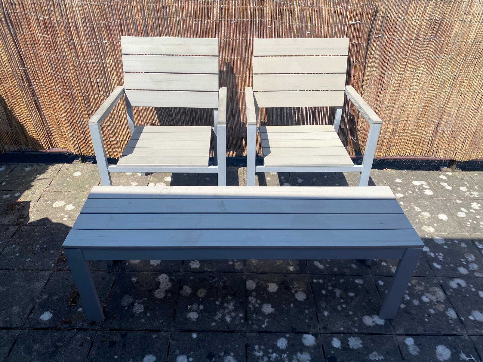 Grijze tuinset met stoelen, zitbankje en twee klapstoelen, Ophalen, Gebruikt, Bank, Tuinset