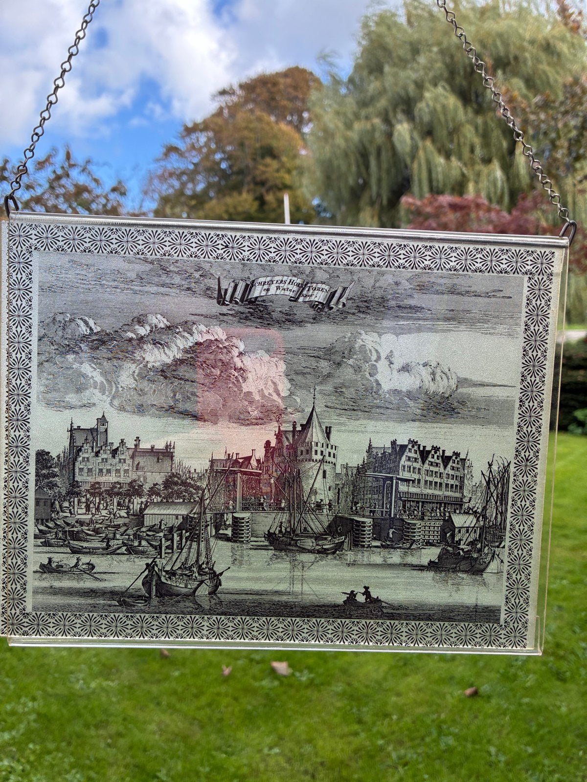Antieke glasplaat raamhanger met stadsgezicht, Antiek en Kunst, Ophalen
