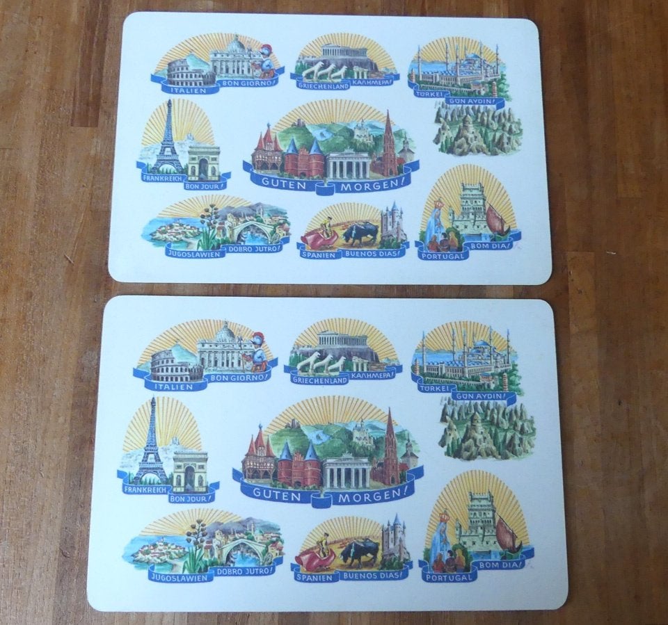 Vintage placemats toerisme Goedemorgen placemat broodplankje, Ophalen of Verzenden, Placemat, Gebruikt, Blauw
