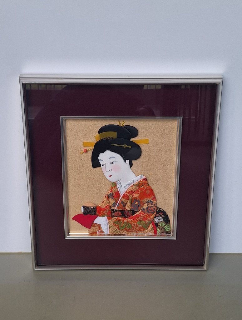 vintage textiel-kunst geisha vrouw zijden kimono in 3D lijst, Ophalen of Verzenden, Wanddecoratie, Handgemaakt