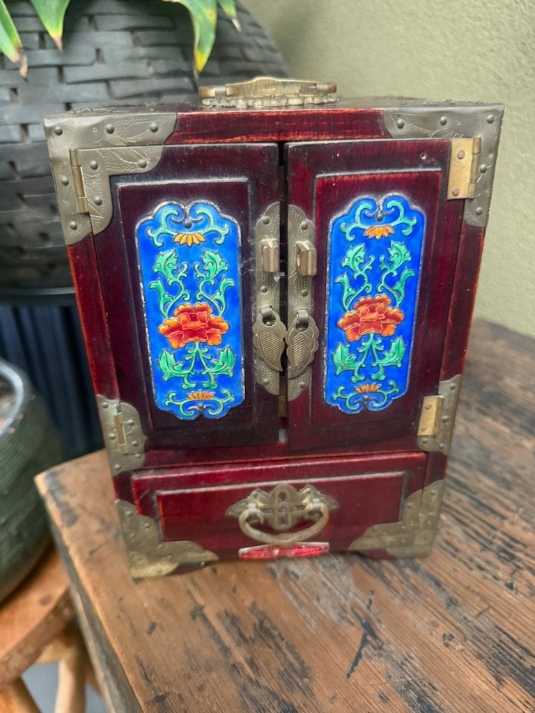 Vintage Chinees Sieradenkastje met Cloisonné Panelen, Hout, 22 cm, Bruin, Doos