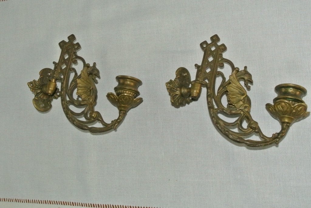 2 Antieke Piano kandelaars met griffioen / draak, Antiek en Kunst, Ophalen of Verzenden, Koper of Brons