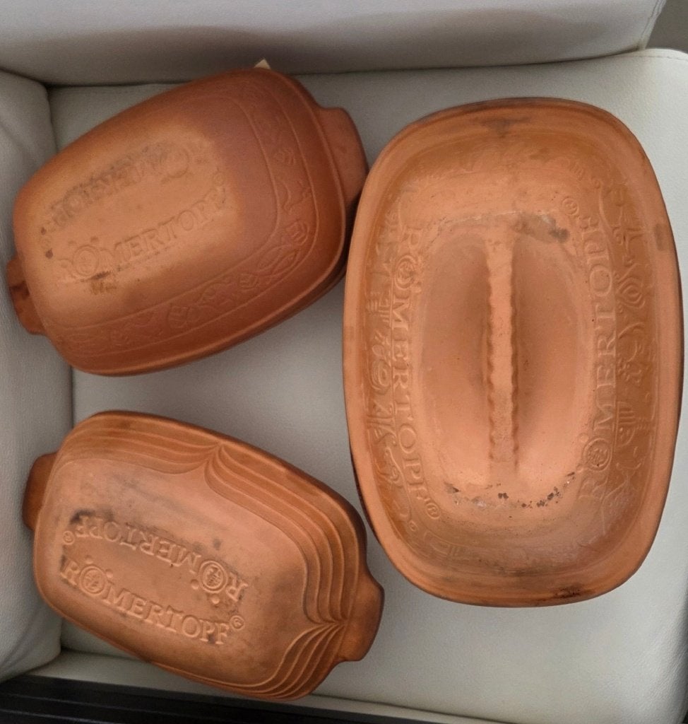 Römertopf schalen 3 stuks incl kookboekjes, Huis en Inrichting, Keuken | Potten en Pannen, Ophalen, Gebruikt, Overige materialen