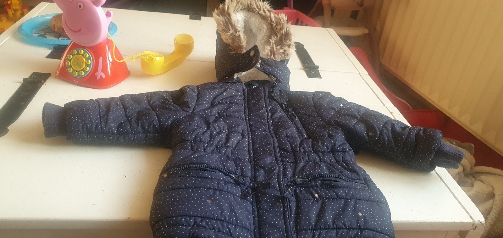 Donkerblauwe kinderjas maat 74 met stippen en sterren, Ophalen, Gebruikt, Meisje, Jasje