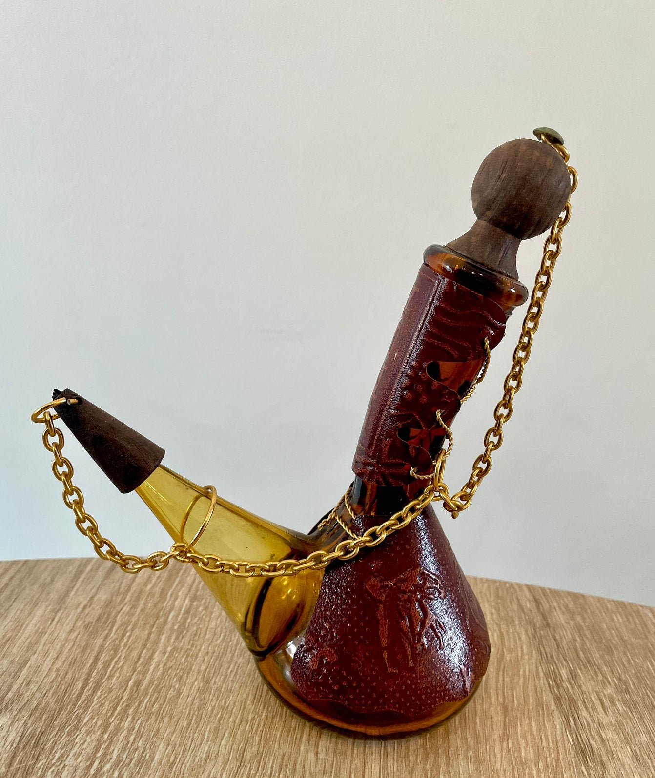 1960-vintage Spaanse Porrón-wijnkaraf-amberkleurig glas, Ophalen of Verzenden
