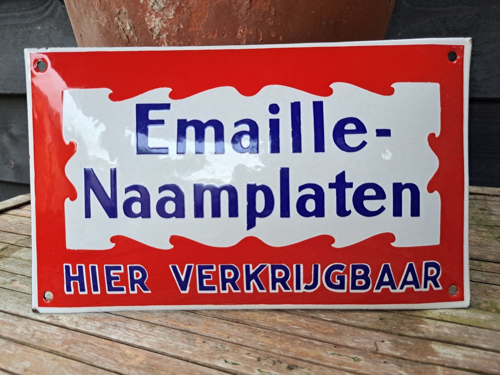 Emaille reclame emaille reclamebord Naamplaten, Ophalen of Verzenden, Gebruikt, Reclamebord