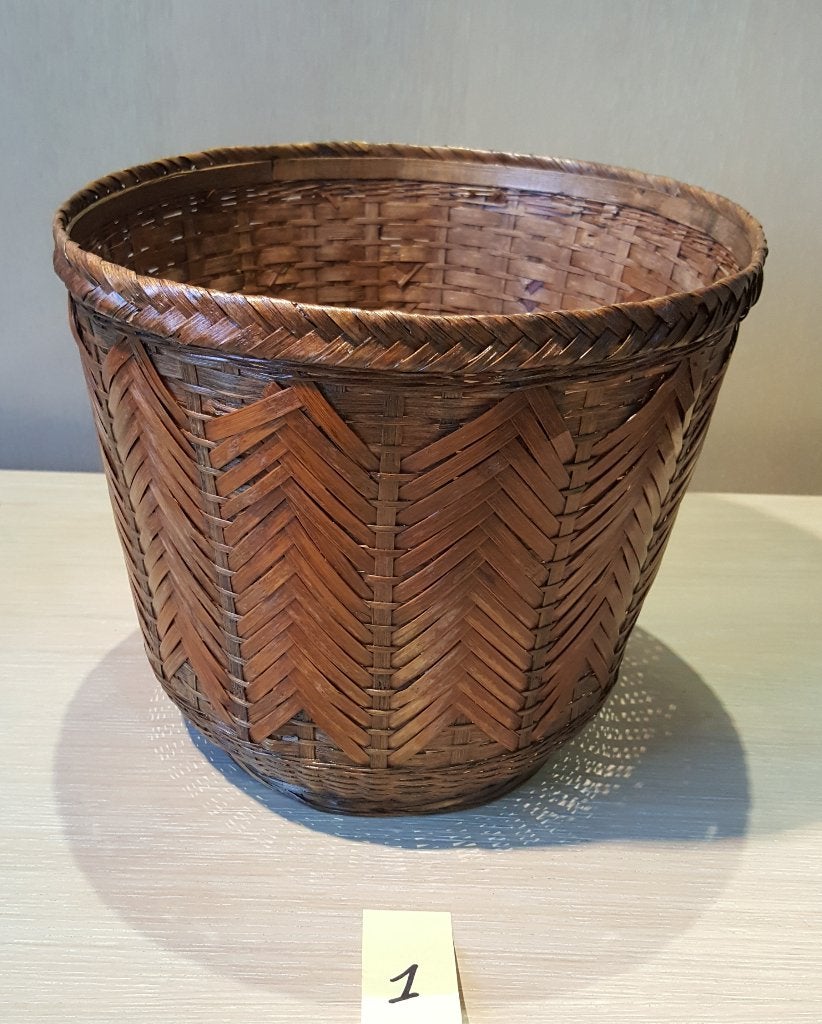 Vintage bamboe cachepot - visgraatmotief - jaren '70, 25 tot 40 cm, Overige materialen, Gebruikt, Rond