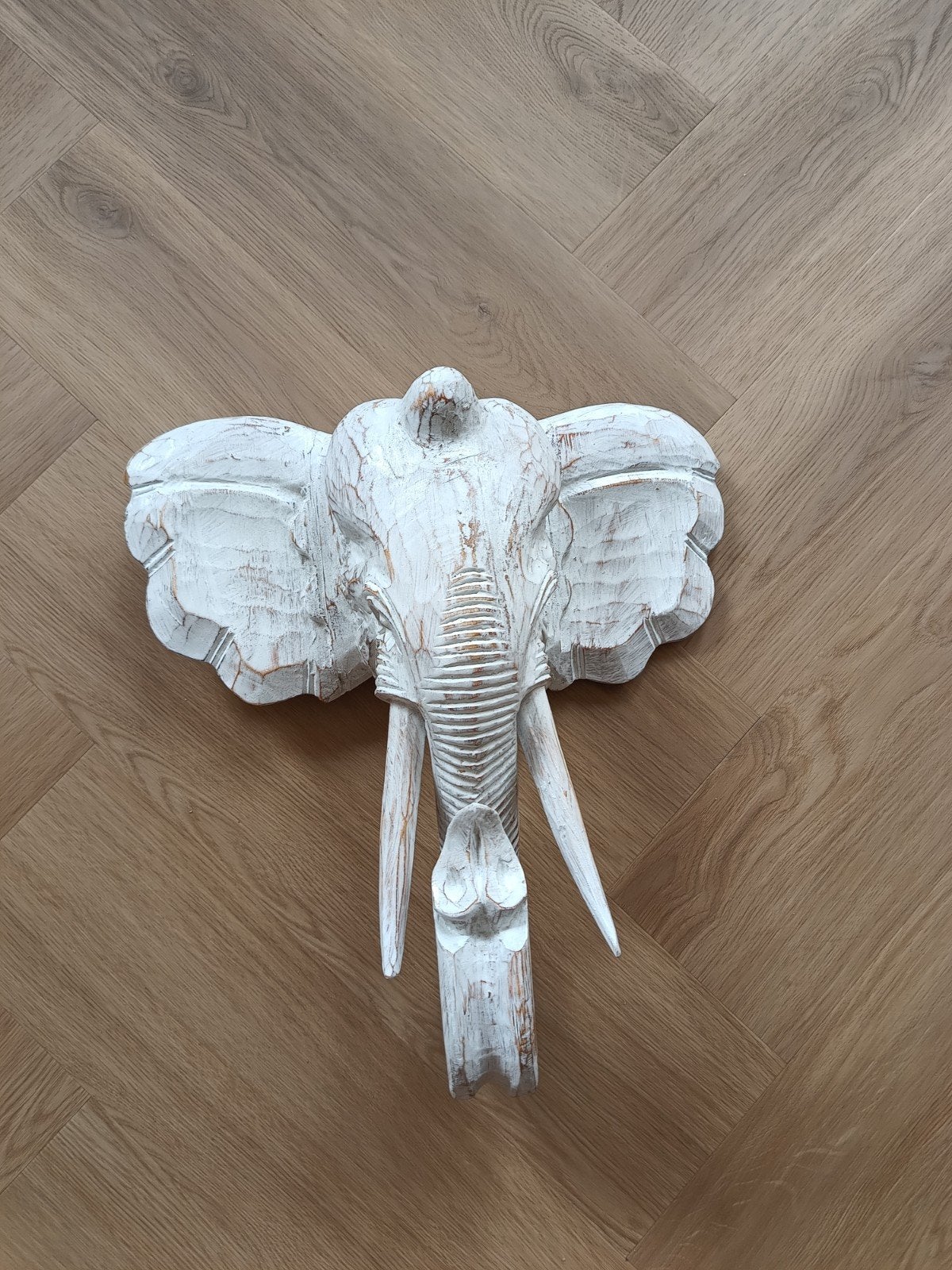 Handgemaakte Olifantenkop Wanddecoratie - 40x40 cm, Ophalen of Verzenden, Nieuw, Wit, Hout