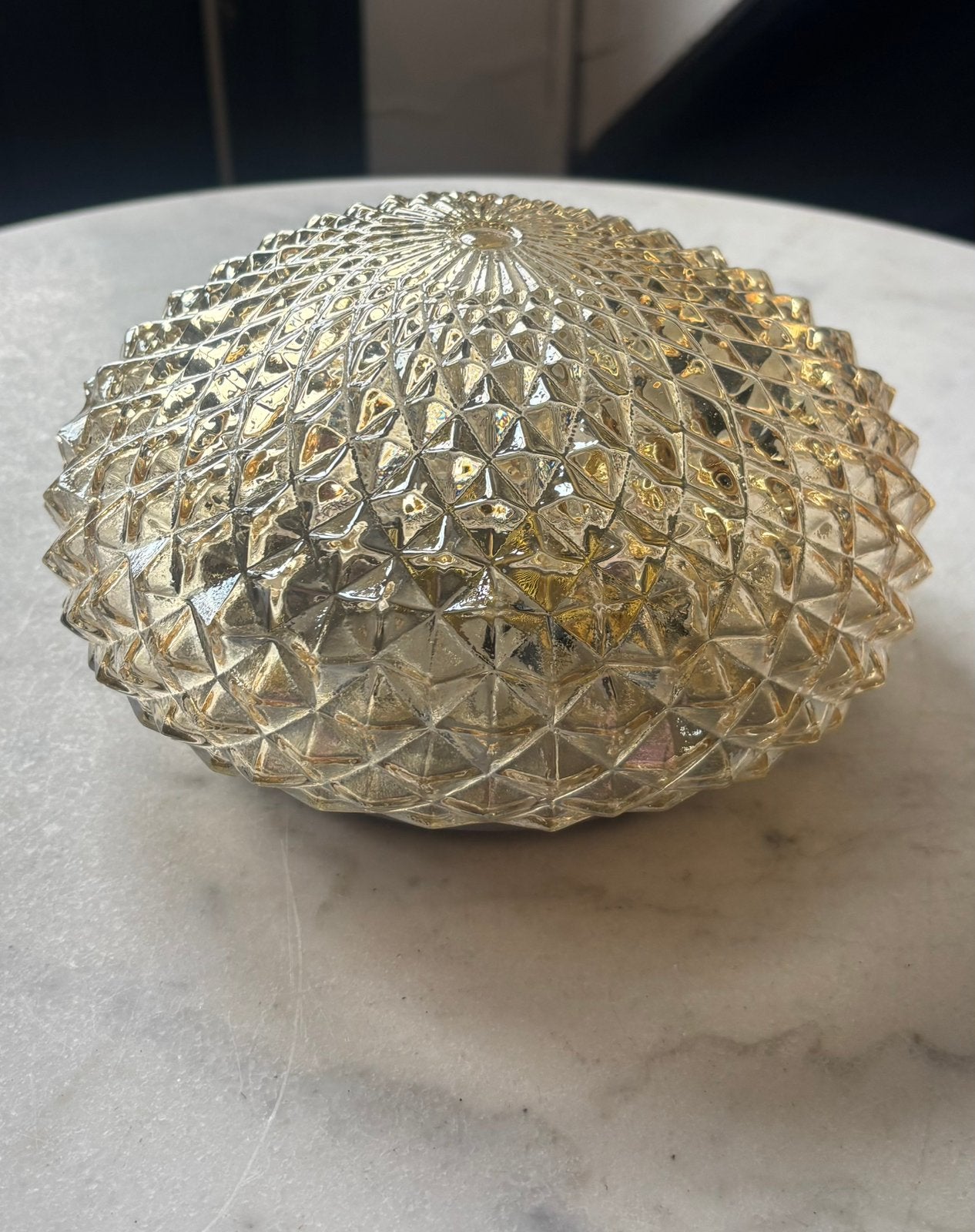 Vintage ronde plafoniere diamant driehoek bloem glazen lamp, Ophalen of Verzenden, Zo goed als nieuw, Glas