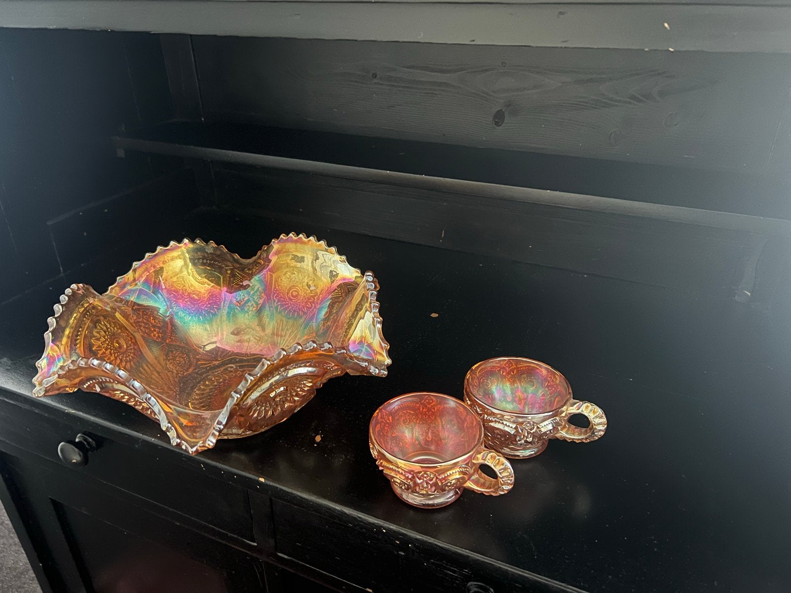 Antieke Imperial Glass Marigold Carnival Schaal met 2 Kopjes, Antiek en Kunst, Antiek | Glas en Kristal, Ophalen