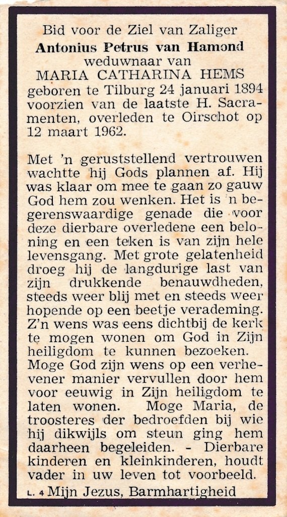 Hamond Antonius 1894 Tilburg 1962 Oirschot, Ophalen of Verzenden, Bidprentje
