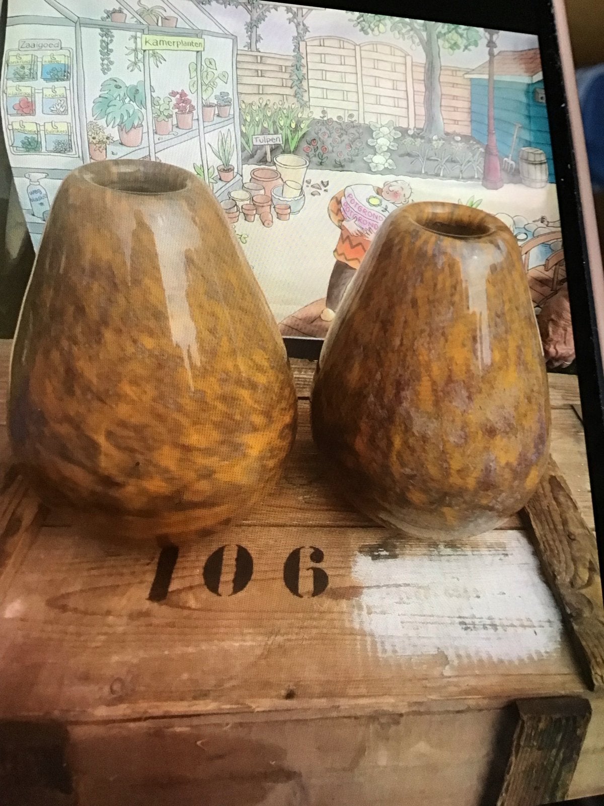 Set van 2 vintage glazen vazen, bruin/geel gevlekt, Antiek en Kunst, Ophalen of Verzenden