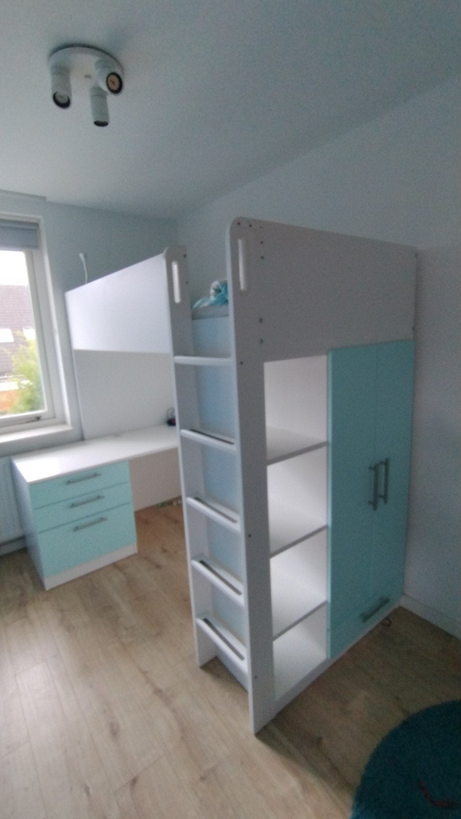 Hoogslaper met bureau en kast - Wit/Mintgroen, Ophalen, Gebruikt, Eenpersoons, 200 cm