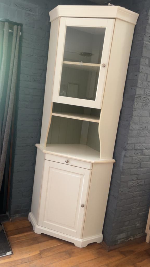 Witte hoekkast met vitrine en lade, Ophalen of Verzenden, Gebruikt