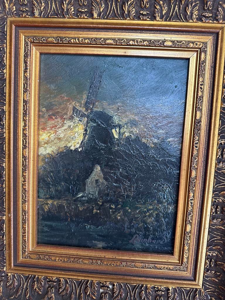 Olieverfschilderij: Molenlandschap in Gouden Lijst, Antiek en Kunst, Kunst | Schilderijen | Klassiek, Ophalen of Verzenden