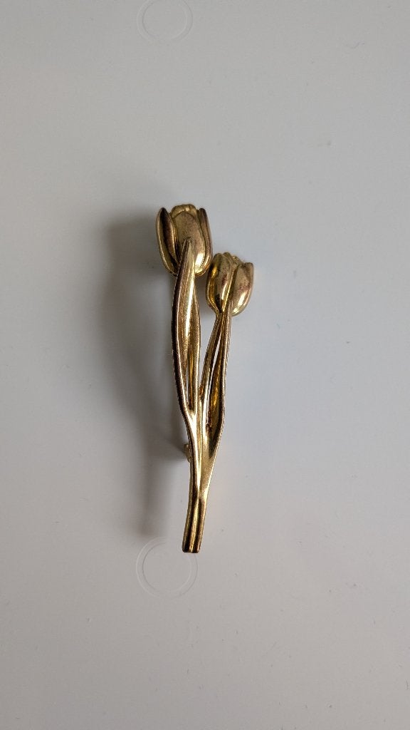 Vintage goudkleurige broche met twee tulpen, Overige materialen, 4 tot 7 cm, Gebruikt, Ophalen of Verzenden