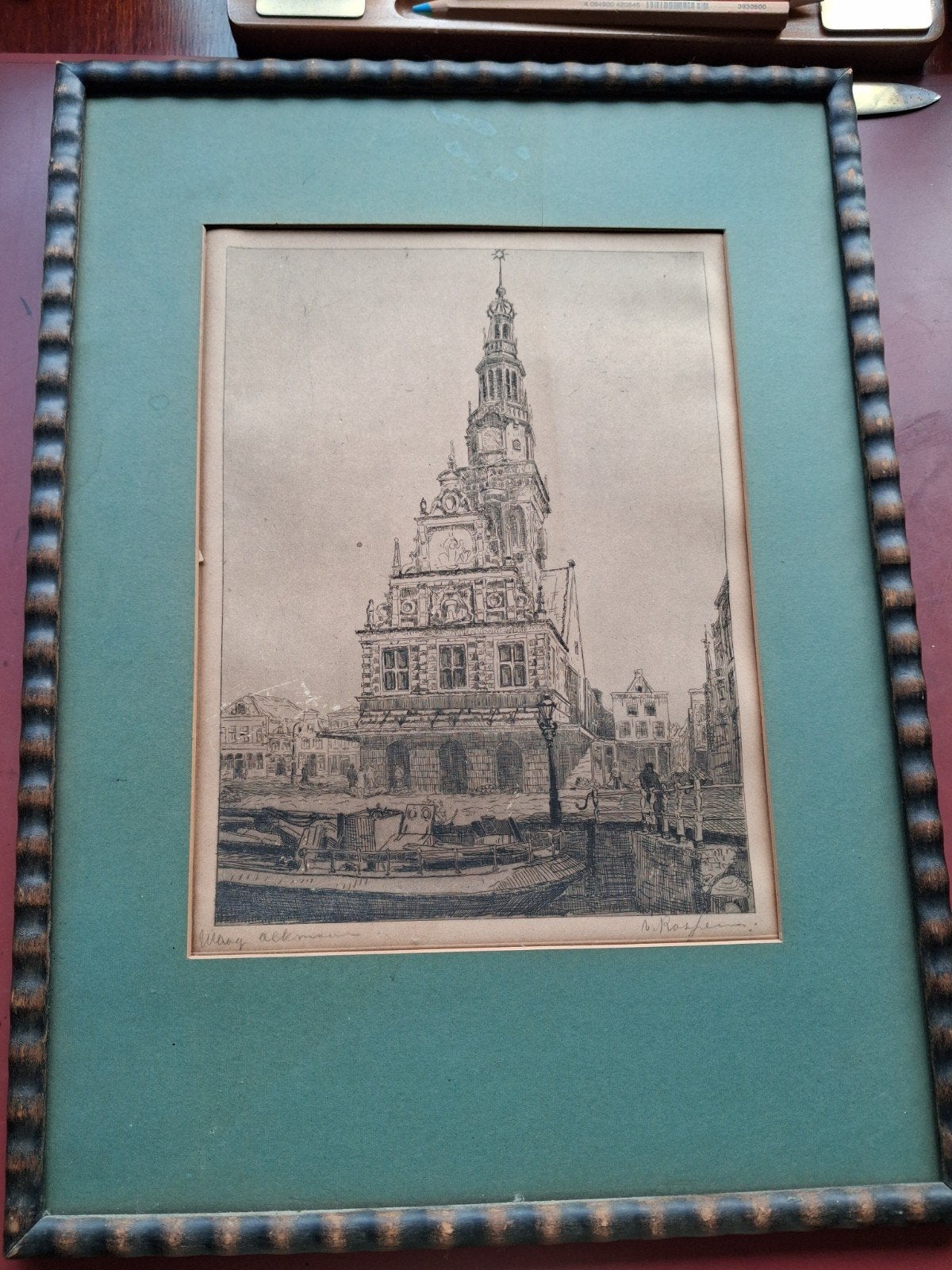 Ets van de Waag in Alkmaar door N. Rosier (gesigneerd), Antiek en Kunst, 46 cm, 34 cm, Ets, Stadsgezicht