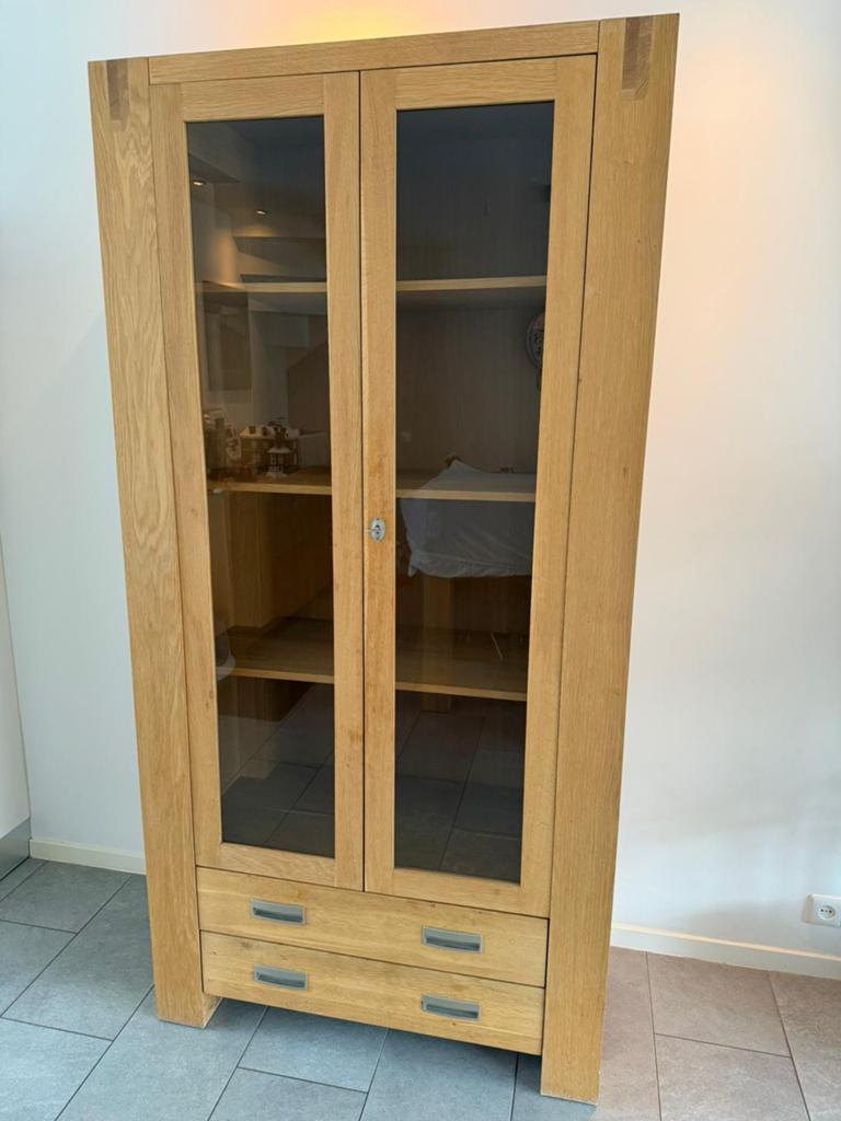 Massief eiken (glazen) kast met 2 lades de Bommel meubelen, Huis en Inrichting, Kasten | Vitrinekasten, Gebruikt, 200 cm of meer