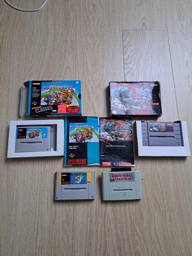 Super Mario Kart, Street Fighter II SNES (CIB) en extra, Gebruikt, Racen en Vliegen, 2 spelers, Eén computer
