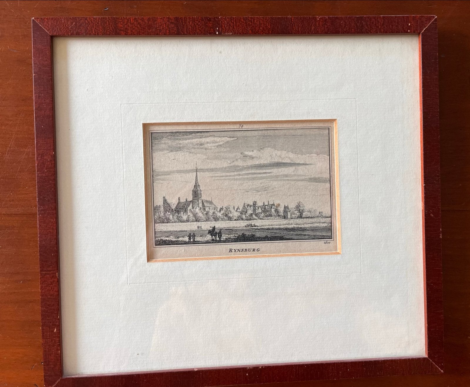 Antieke Ets 'Gezicht op het Dorp Rijnsburg' (1765), Antiek en Kunst, Ophalen, Ingelijst, Ets, Stadsgezicht