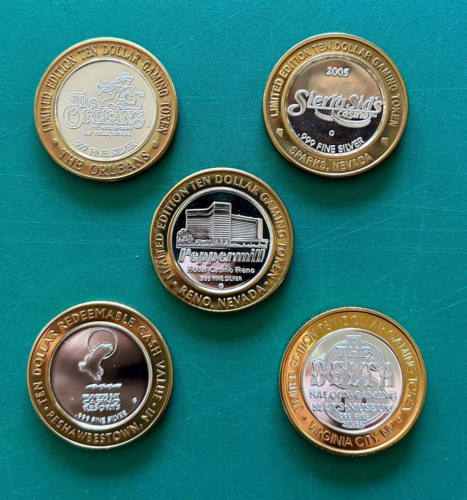 5x Casino munten .999 zilveren kern van 18 gram, Ophalen of Verzenden, Noord-Amerika, Setje, Zilver