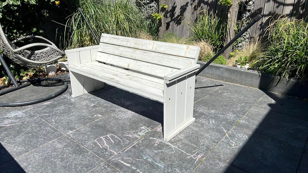 Stevig houten tuinbankje wit 162x80x60, Ophalen, Gebruikt, Hout