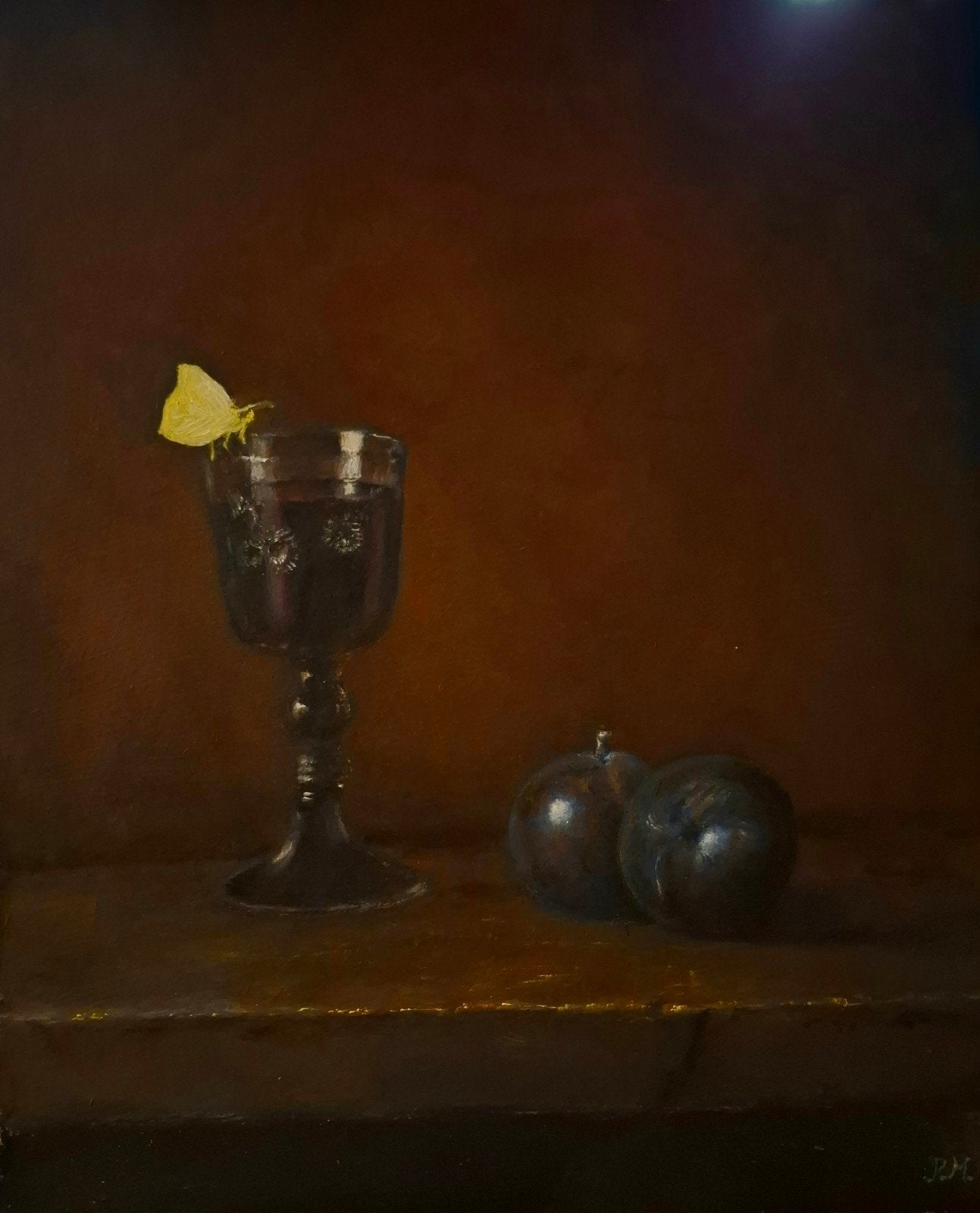 Stilleven wijnglas en pruimen, Ophalen of Verzenden