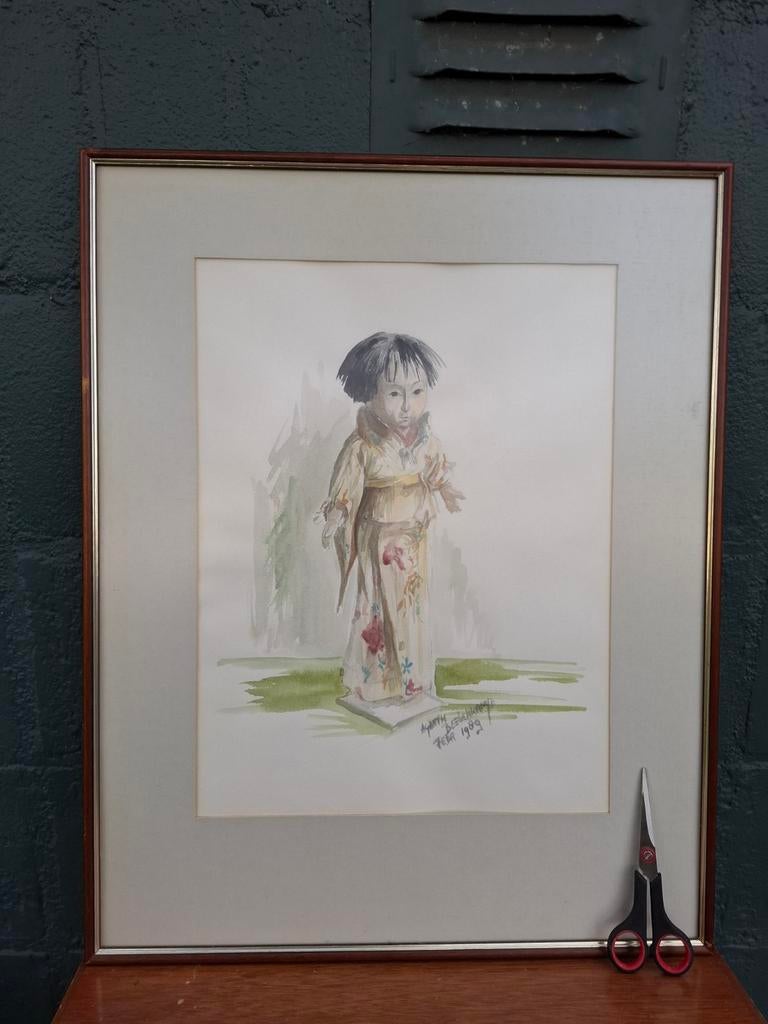 Vintage Aquarel van Japans meisje in kimono - Gesigneerd, Antiek en Kunst, Ophalen