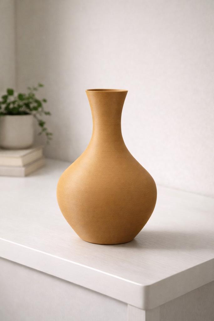 Keramiek look vaas – warm beige – modern – 18 cm, Verzenden, Zo goed als nieuw, Overige kleuren, Overige materialen