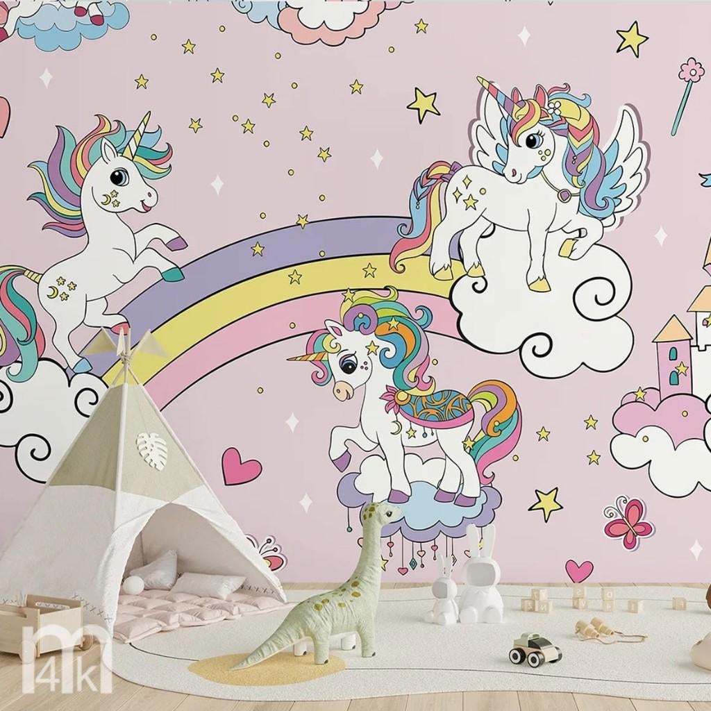 Eenhoorn fotobehang Regenboog | meisjeskamer | ook op maat, Verzenden, 10 tot 25 m², Blauw, Romantisch, fantasie,