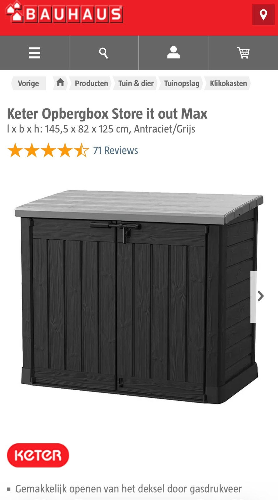 Keter opbergbox/tuinkast voor afvaltonnen en kussens, Ophalen, Zo goed als nieuw, Kunststof, Containerberging