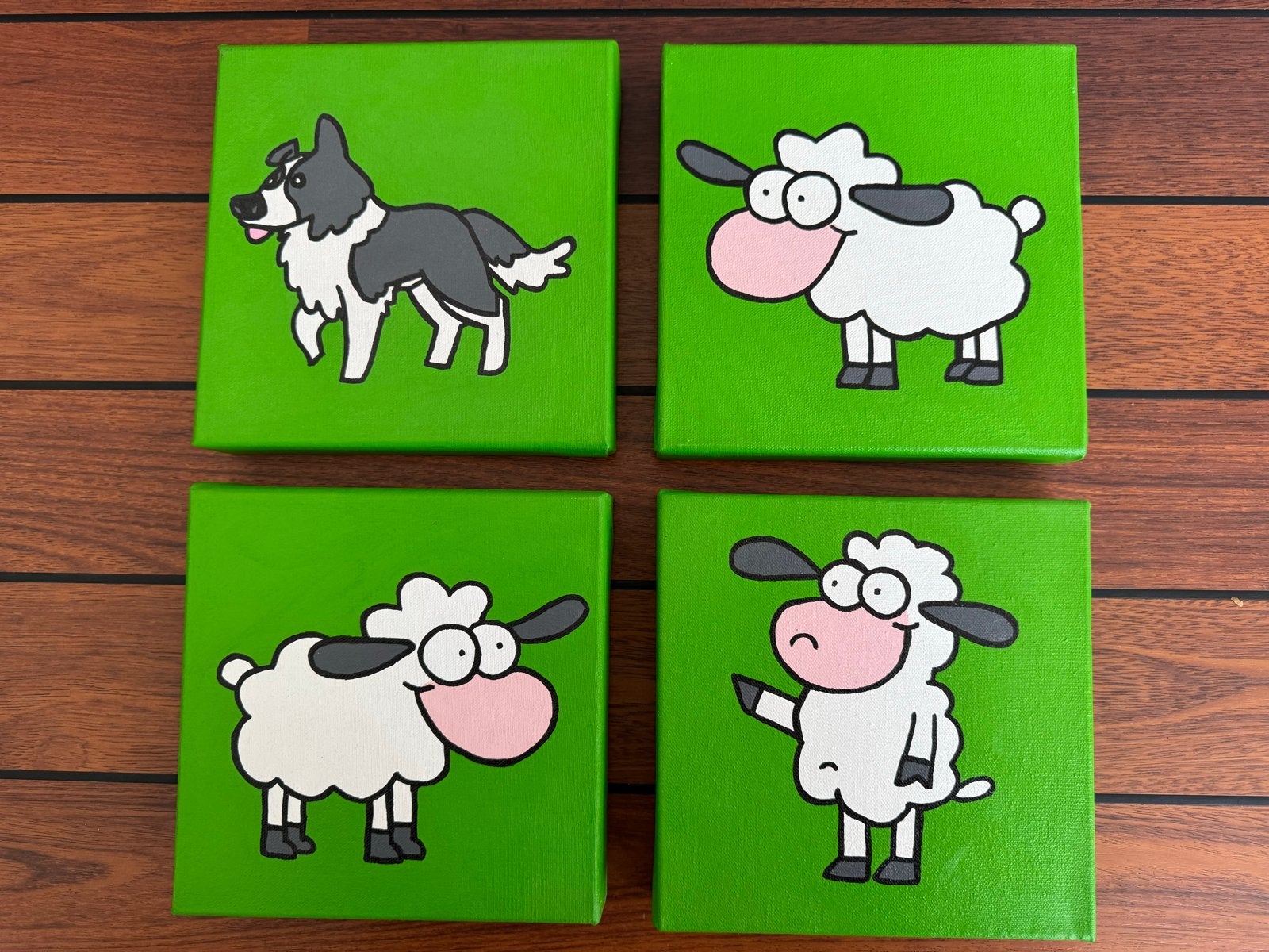 schilderijtjes border collie en schaapjes, Minder dan 50 cm, Ophalen of Verzenden, Zo goed als nieuw, Schilderij