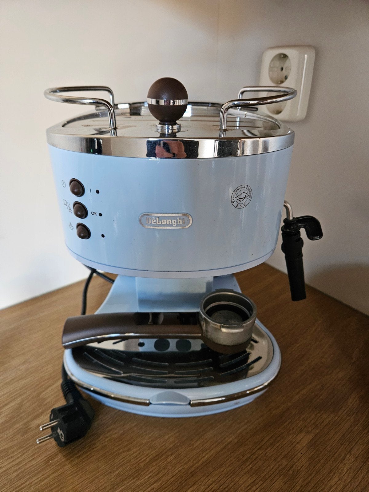 Delonghi Icona Vintage, blauw (Azuur) en koffiemaler, Ophalen, Gebruikt, Espresso apparaat, Gemalen koffie